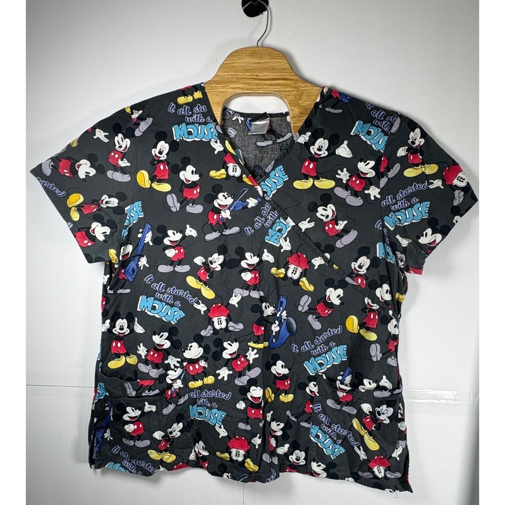 Disney Women's Mickey Mouse Scrub Top Medical Vet Nurse CNA Black & Blue
